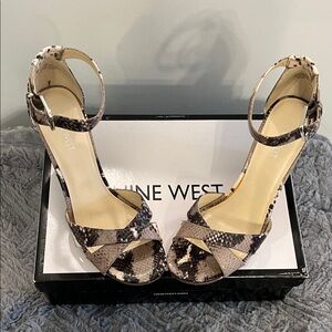 Nine West Snake-Print Platform Ankle-Strap Heels - Brown/Black